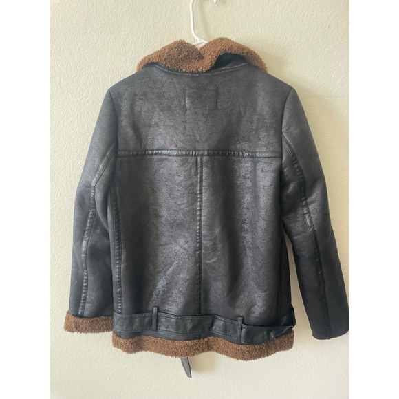 Zara Woman Faux Leather Shearling Aviator Biker Jacket Black Brown XS - Picture 4 of 4